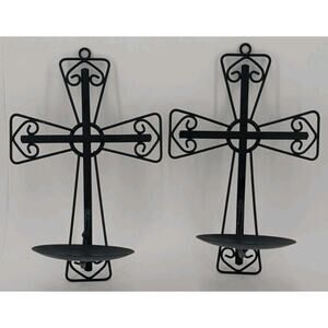 Set of 2 Vintage Collapsible Metal Cross Wall Sconces Candle Holders 10" Tall